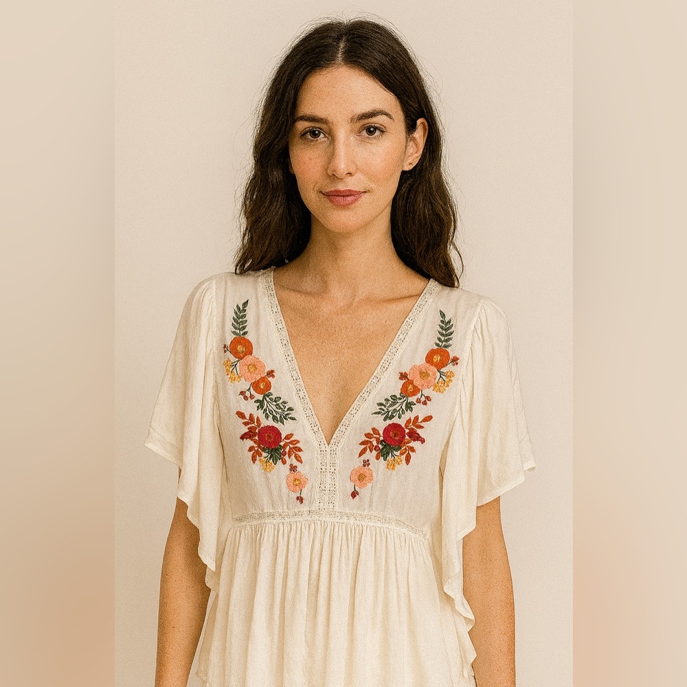 Blu Ivy Embroidered Boho Vibes/Lace trimmed shirt Size M. H